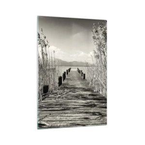 Cuadro sobre vidrio - Impresiones sobre Vidrio - Un embarcadero de madera entre hierbas altas sobre un lago de tonos sepia. - 70x100cm - En la quietud de los juncos - Decoración de pared moderna para salón y dormitorio ARTTOR