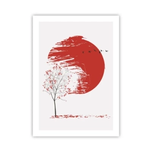 Póster - Círculo rojo con árbol y pájaros en estilo minimalista. - 50x70cm - ¿Conoces este país? - Decoración de pared moderna para salón y dormitorio ARTTOR