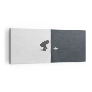 Cuadro sobre lienzo - Impresión de Imagen - Figura de un niño con un barquito de papel sobre un fondo de mitades contrastantes. - 120x50cm - Una gran expedición náutica - Decoración de pared moderna para salón y dormitorio ARTTOR