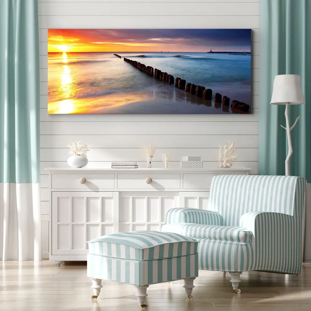 Cuadro sobre lienzo - Impresión de Imagen - Puesta de sol sobre el mar con un rompeolas en primer plano - 120x50cm - Escuchar el silencio - Decoración de pared moderna para salón y dormitorio ARTTOR
