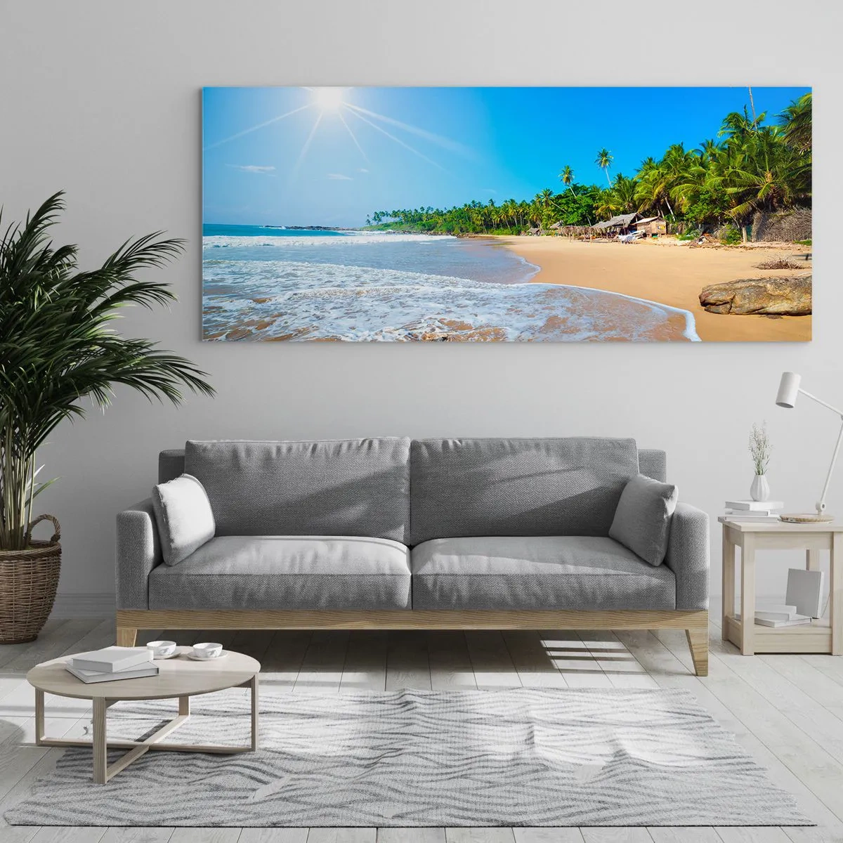 Cuadro sobre vidrio - Impresiones sobre Vidrio - Playa tropical con palmeras y cielo azul. - 120x50cm - Un lugar exótico para ti - Decoración de pared moderna para salón y dormitorio ARTTOR