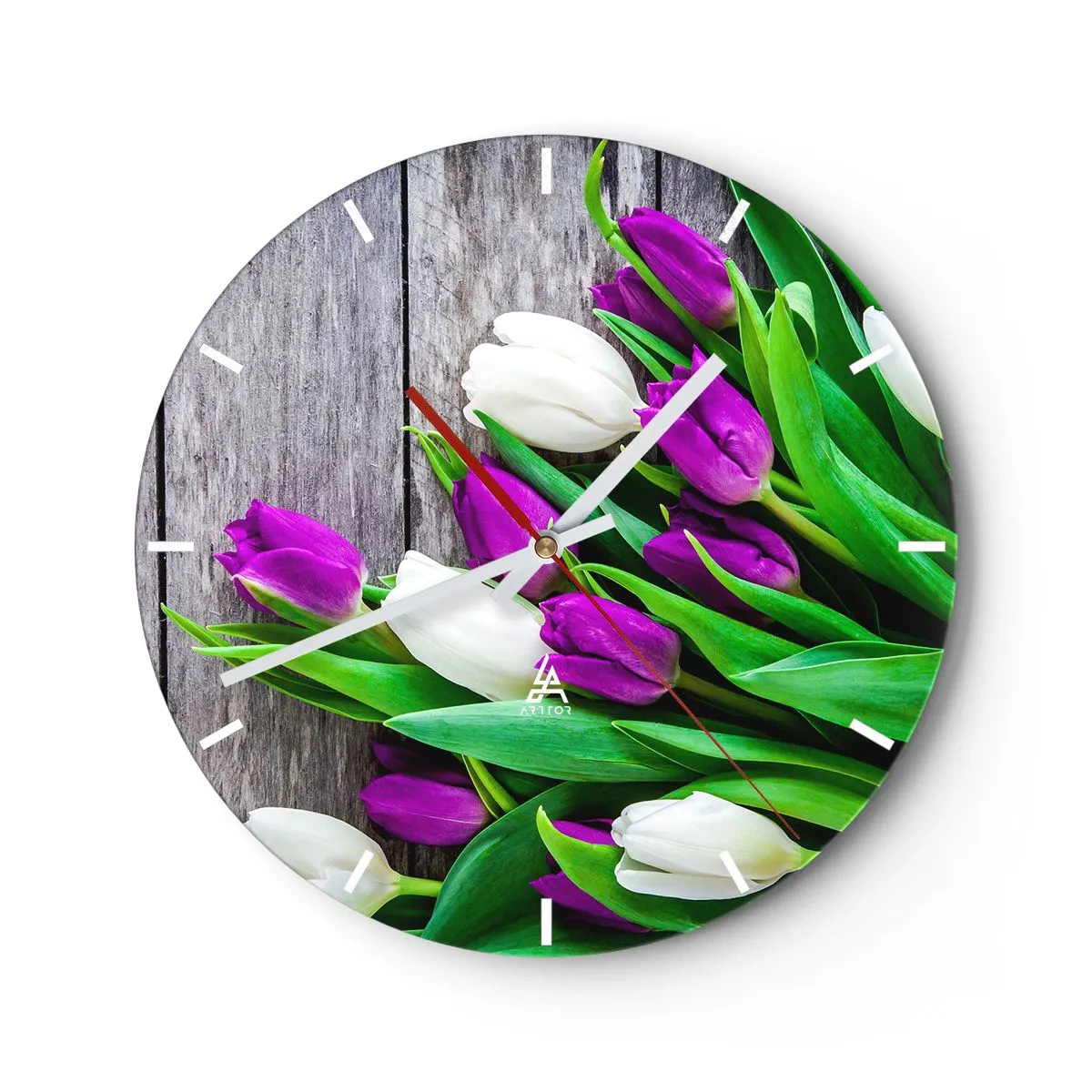 Reloj de pared - Reloj de vidrio - Un ramo de tulipanes morados y blancos sobre un fondo de madera. - 30x30cm - El día de la fiesta de la primavera - Decoración de pared moderna para salón, cocina y dormitorio ARTTOR
