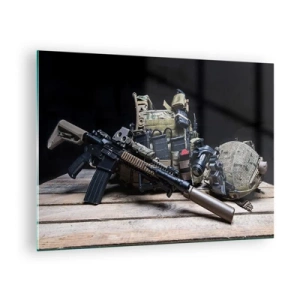 Cuadro sobre vidrio - Impresiones sobre Vidrio - Equipo táctico y armas dispuestas sobre una mesa de madera. - 70x50cm - ¡Descansen! - Decoración de pared moderna para salón y dormitorio ARTTOR