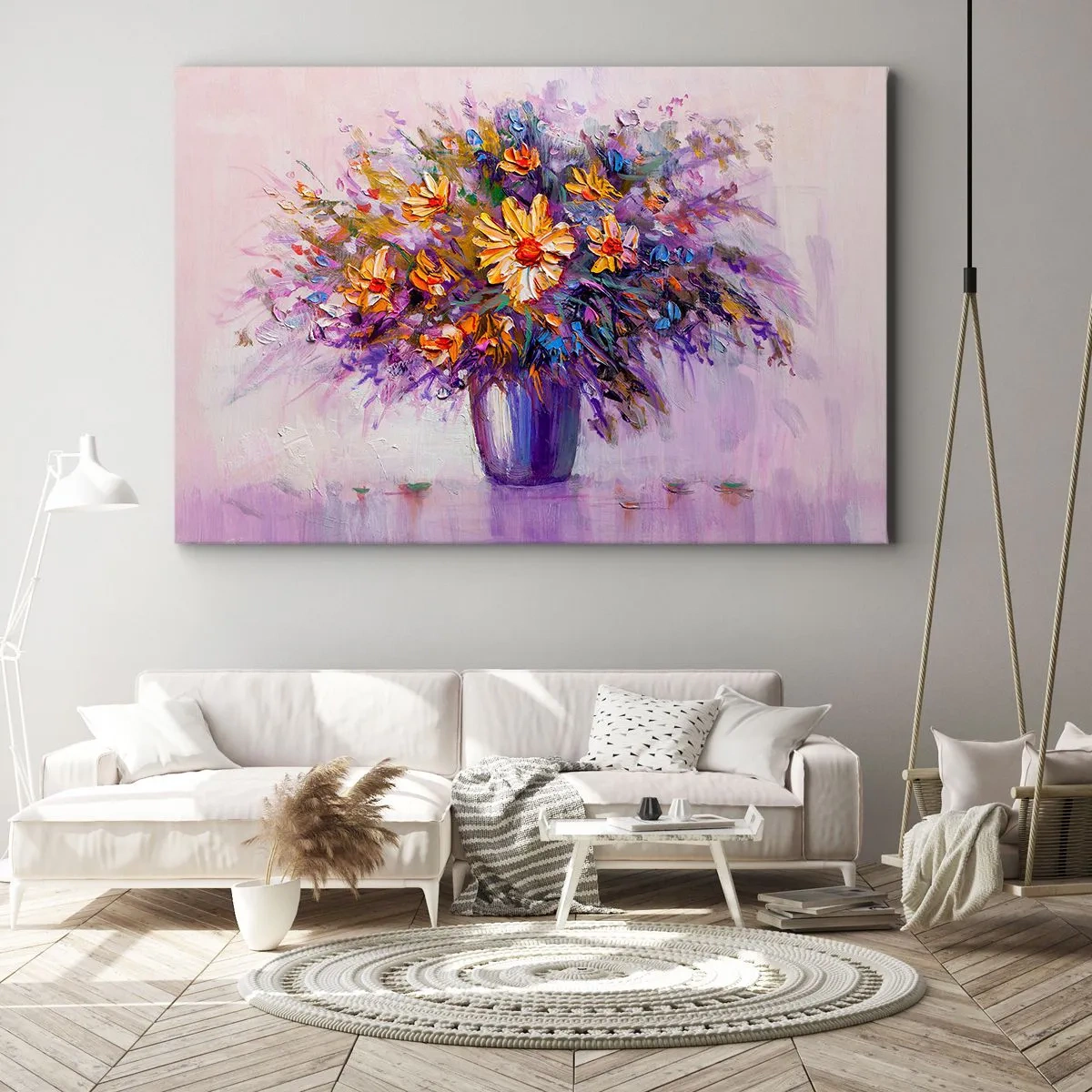 Cuadro sobre lienzo - Impresión de Imagen - Un ramo de flores en un jarrón sobre un fondo pastel. - 100x70cm - Huele dulce, parece dulce - Decoración de pared moderna para salón y dormitorio ARTTOR