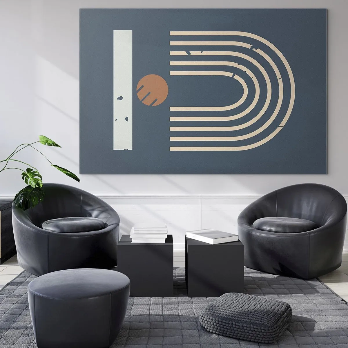 Cuadro sobre vidrio - Impresiones sobre Vidrio - Composición retro geométrica sobre un fondo oscuro. - 70x50cm - Geometría sobre azul marino - Decoración de pared moderna para salón y dormitorio ARTTOR