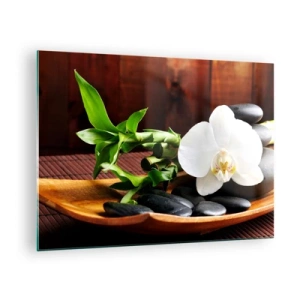 Cuadro sobre vidrio - Impresiones sobre Vidrio - Orquídea blanca sobre piedras negras y bambú en un cuenco de madera. - 70x50cm - Ríndete al tacto de la naturaleza - Decoración de pared moderna para salón y dormitorio ARTTOR