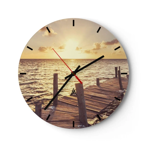 Reloj de pared - Reloj de vidrio - Muelle de madera al atardecer - 30x30cm - Una tierra dorada de dulzura - Decoración de pared moderna para salón, cocina y dormitorio ARTTOR