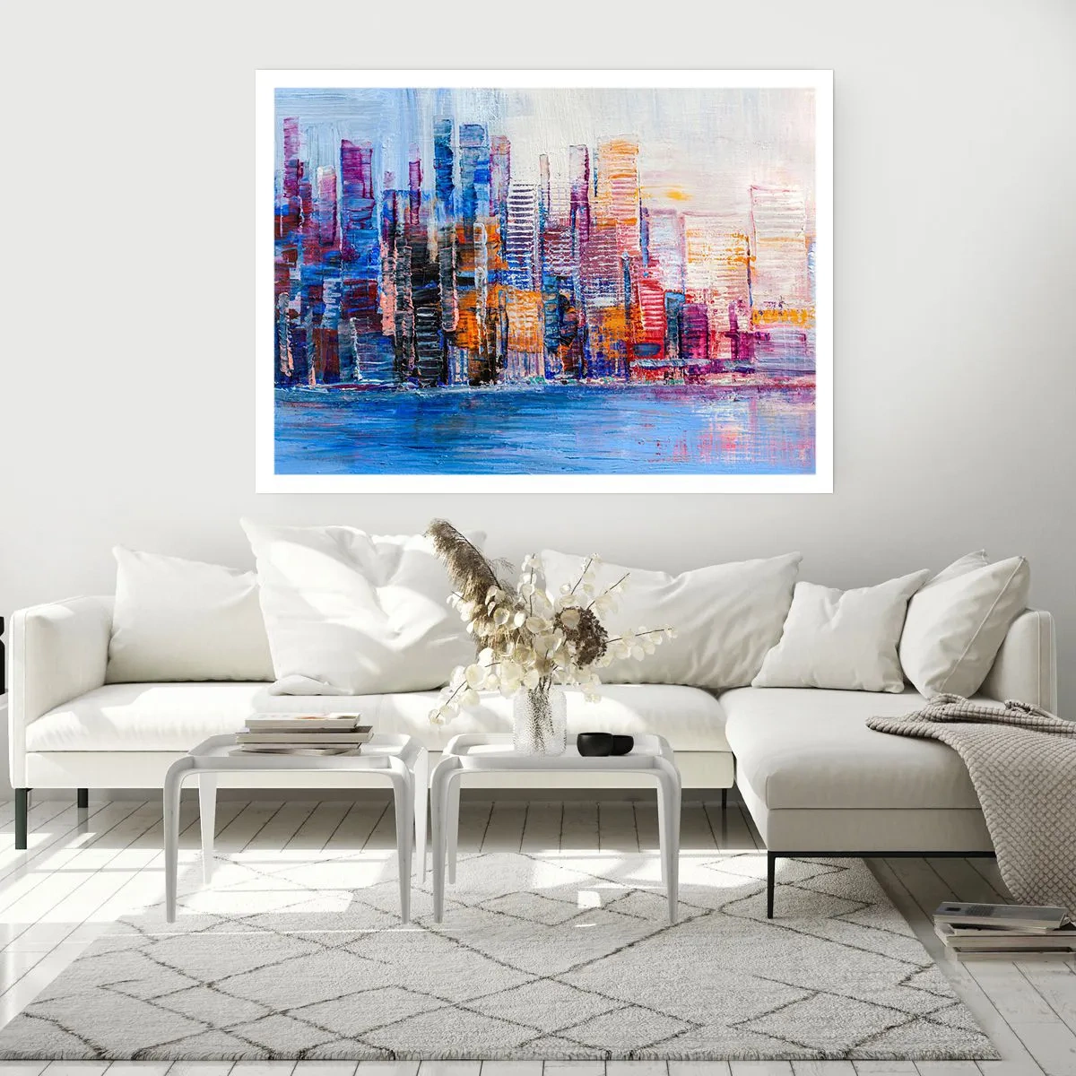 Póster - Un panorama colorido de la ciudad con reflejos en el agua. - 100x70cm - Una metrópoli alegre - Decoración de pared moderna para salón y dormitorio ARTTOR