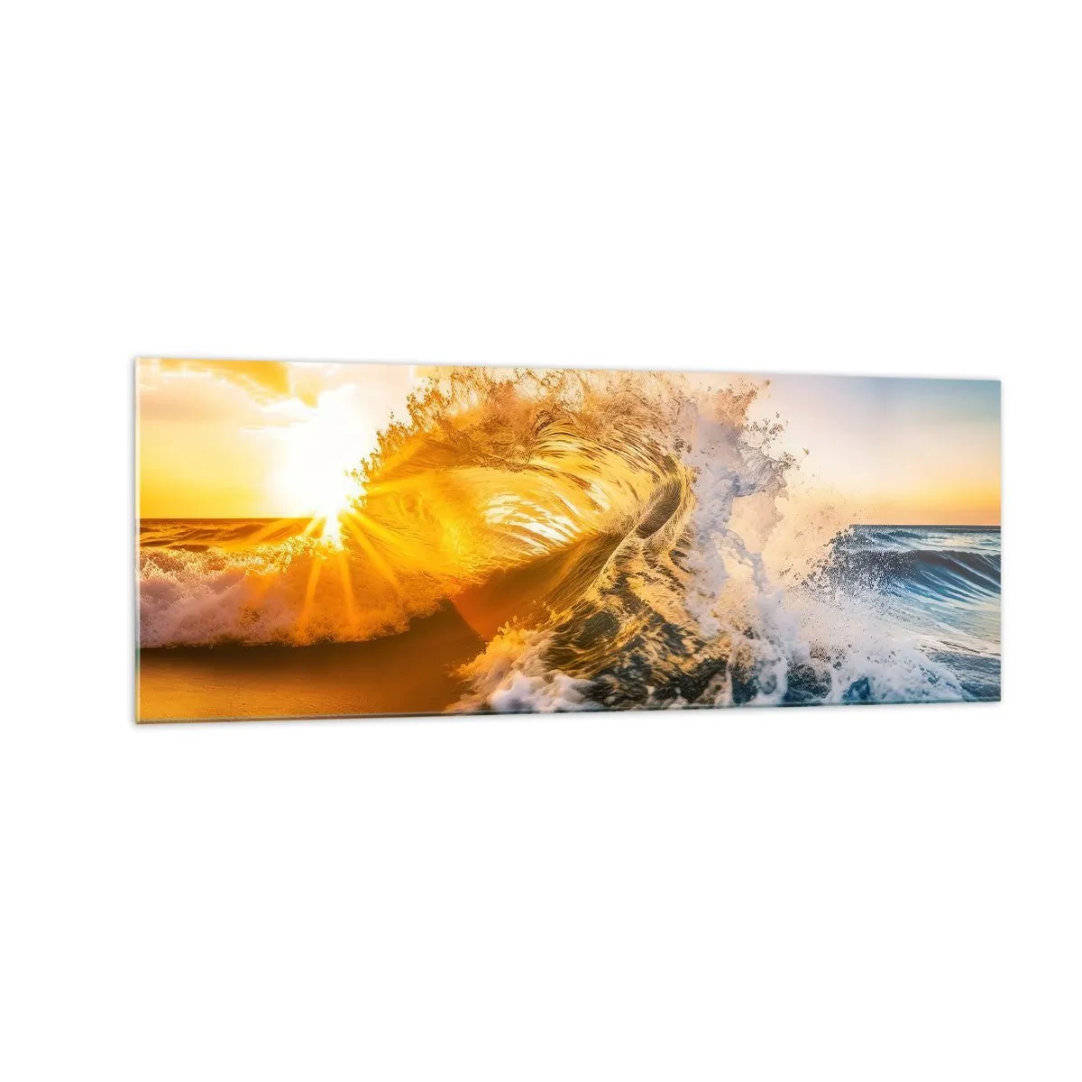 Cuadro sobre vidrio - Impresiones sobre Vidrio - Una ola dorada con el sol poniente como telón de fondo. - 140x50cm - Jugando en la arena - Decoración de pared moderna para salón y dormitorio ARTTOR
