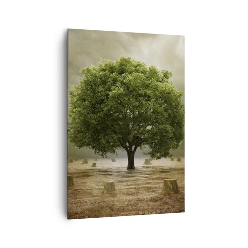 Cuadro sobre lienzo - Impresión de Imagen - Un árbol verde rodeado de troncos talados contra un cielo nublado. - 70x100cm - La esperanza - Decoración de pared moderna para salón y dormitorio ARTTOR