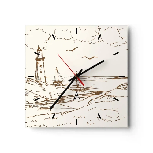 Reloj de pared - Reloj de vidrio - Boceto de un faro con vistas al mar - 30x30cm - Un esbozo de un recuerdo de verano - Decoración de pared moderna para salón y dormitorio ARTTOR