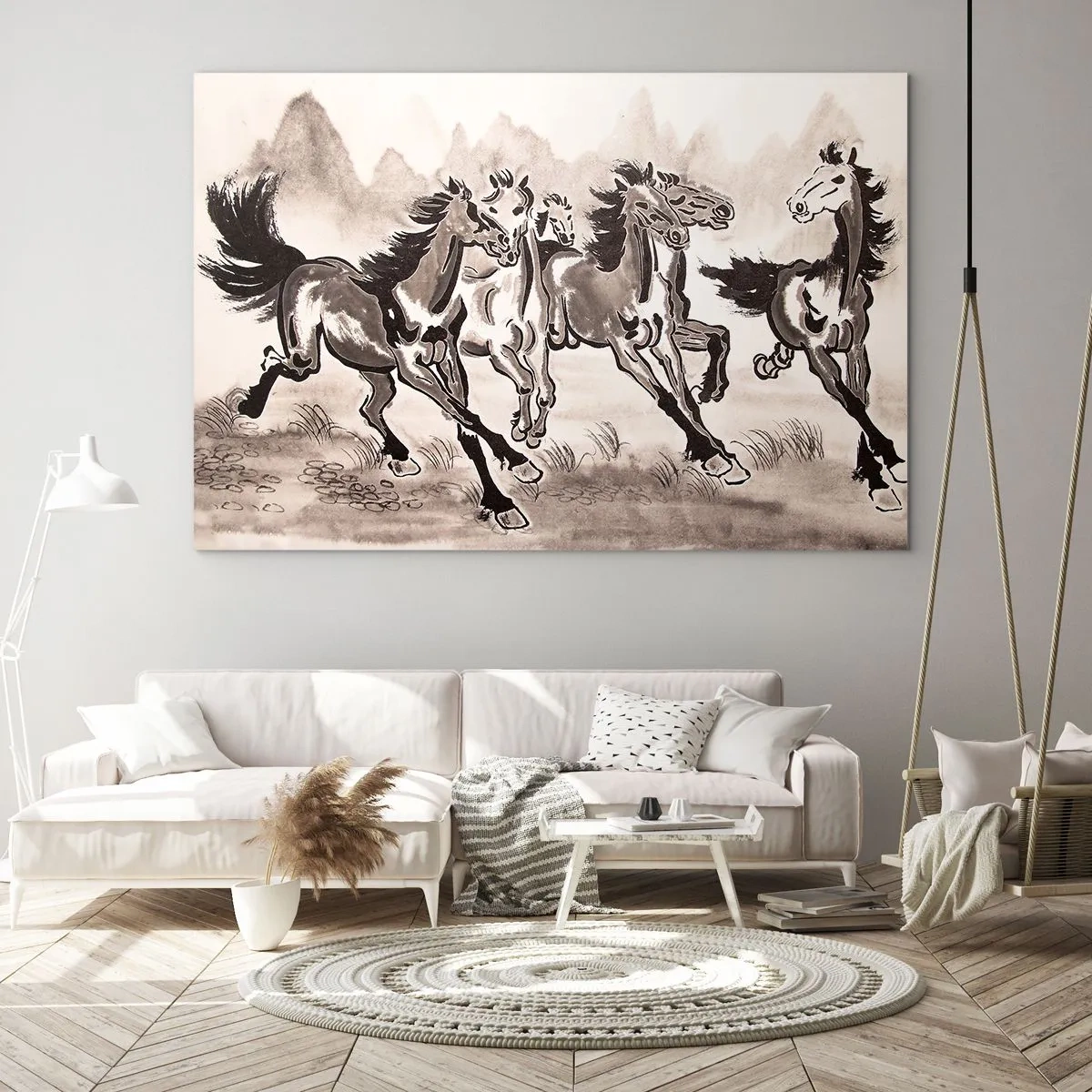 Cuadro sobre vidrio - Impresiones sobre Vidrio - Un grupo de caballos al galope al estilo chino. - 120x80cm - Al galope alegre - Decoración de pared moderna para salón y dormitorio ARTTOR