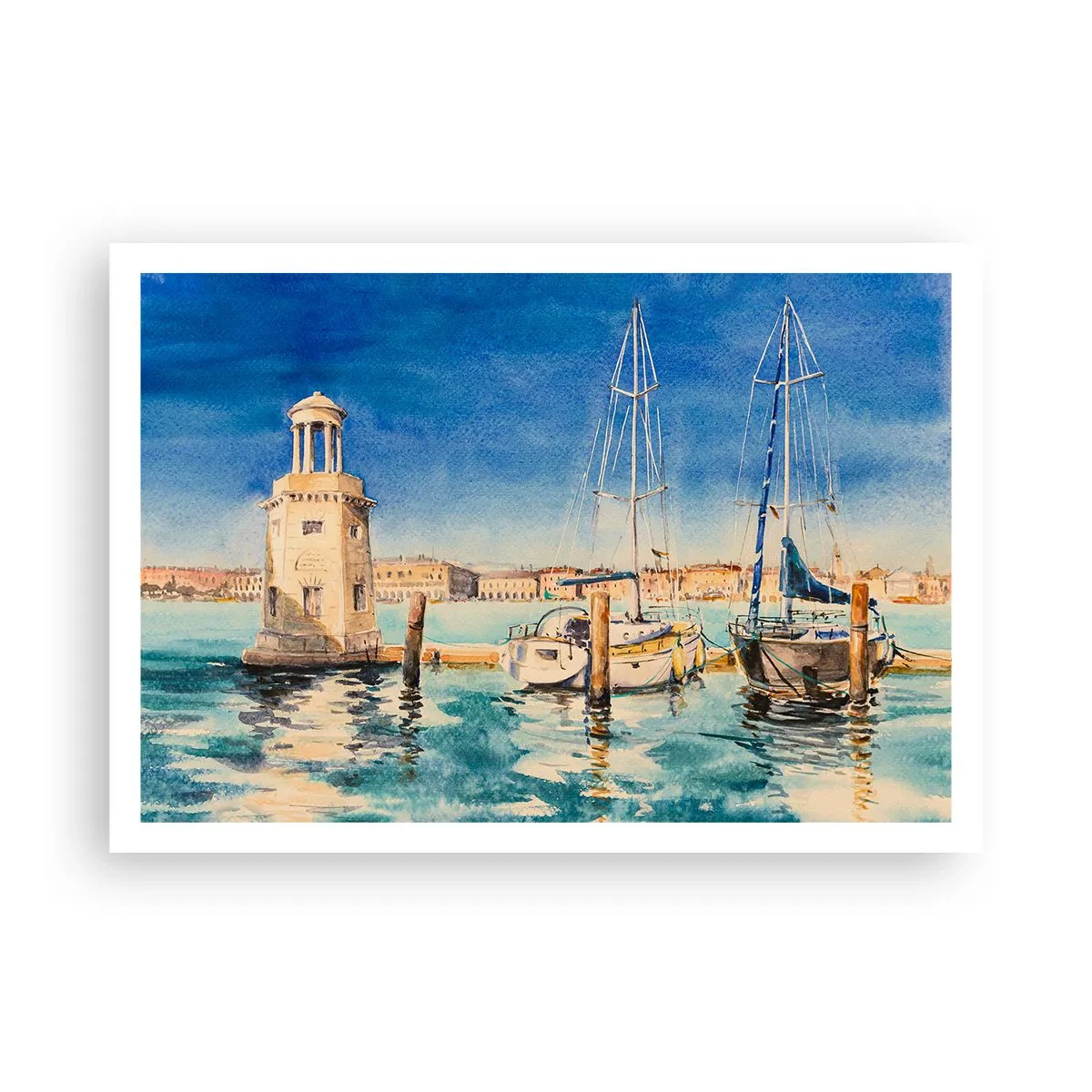 Póster - Puerto deportivo con barcos con el fondo de una laguna azul - 100x70cm - Laguna soleada - Decoración de pared moderna para salón y dormitorio ARTTOR
