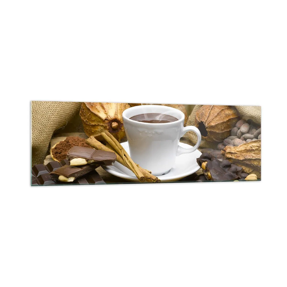Cuadro sobre vidrio - Impresiones sobre Vidrio - Una taza de chocolate caliente rodeada de cacao y canela. - 160x50cm - Para los que buscan emociones - Decoración de pared moderna para salón y dormitorio ARTTOR