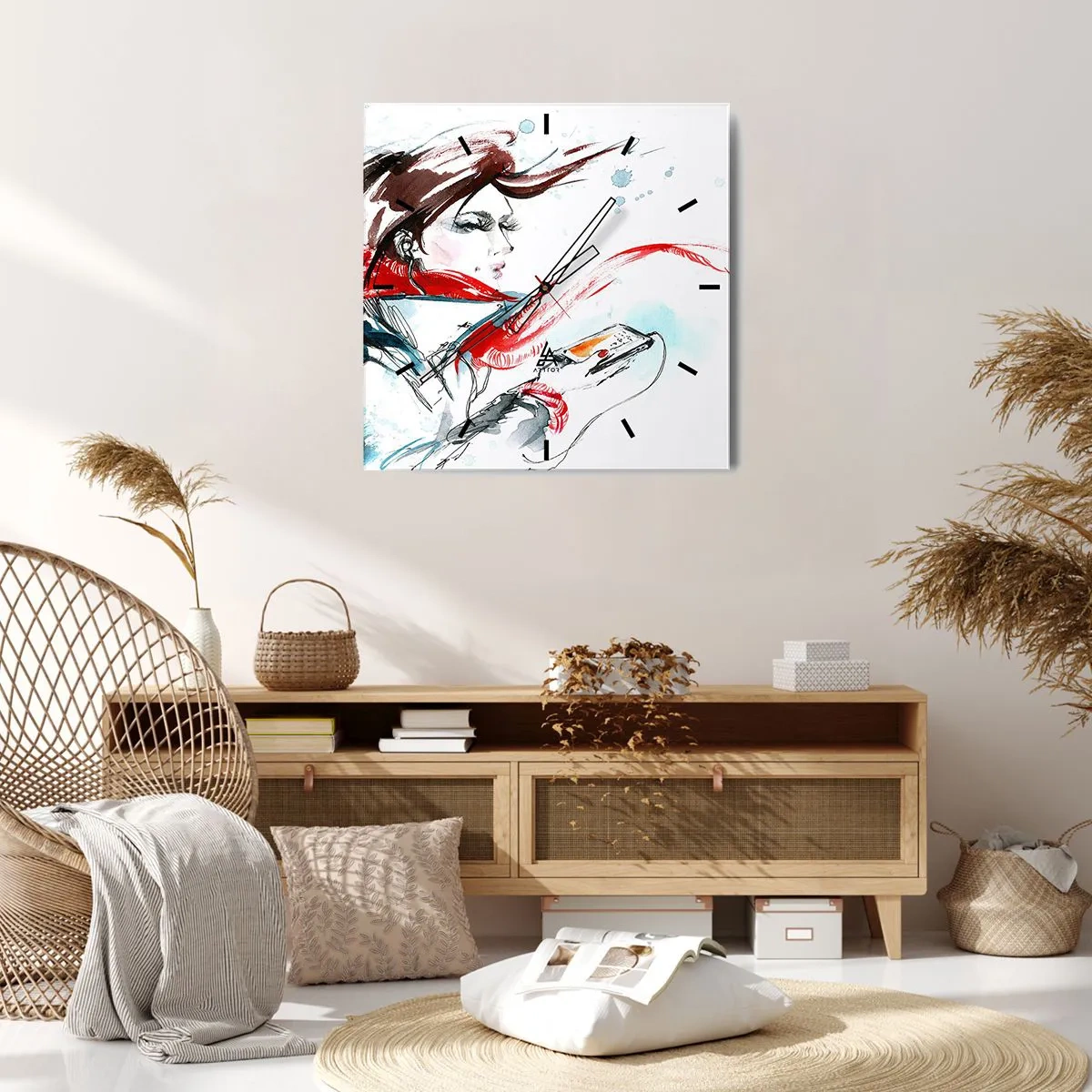 Reloj de pared - Reloj de vidrio - Una mujer con un pañuelo rojo con pinceladas dinámicas de acuarela. - 30x30cm - Algo suena dentro de mí - Decoración de pared moderna para salón y dormitorio ARTTOR