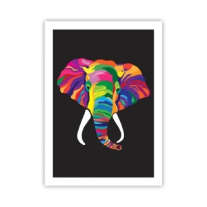 Póster - Una imagen colorida de un elefante sobre un fondo negro. - 50x70cm - El elefante al que le gustaba bañarse en el arco iris - Decoración de pared moderna para salón y dormitorio ARTTOR