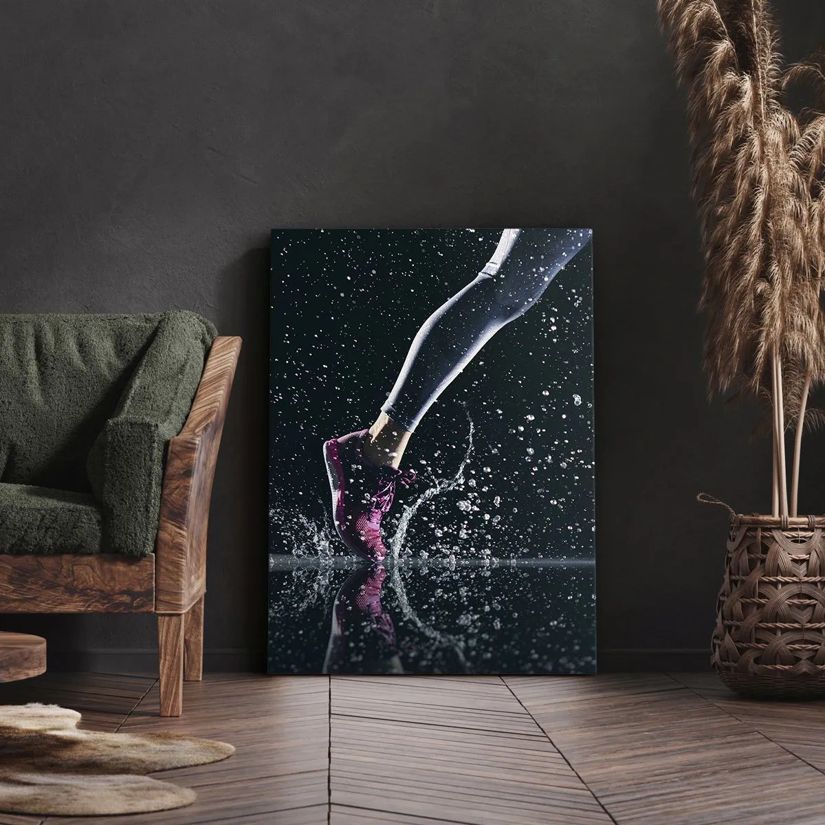 Cuadro sobre lienzo - Impresión de Imagen - Una toma dinámica de una carrera bajo la lluvia contra un fondo negro. - 50x70cm - Fuerza de impulso - Decoración de pared moderna para salón y dormitorio ARTTOR