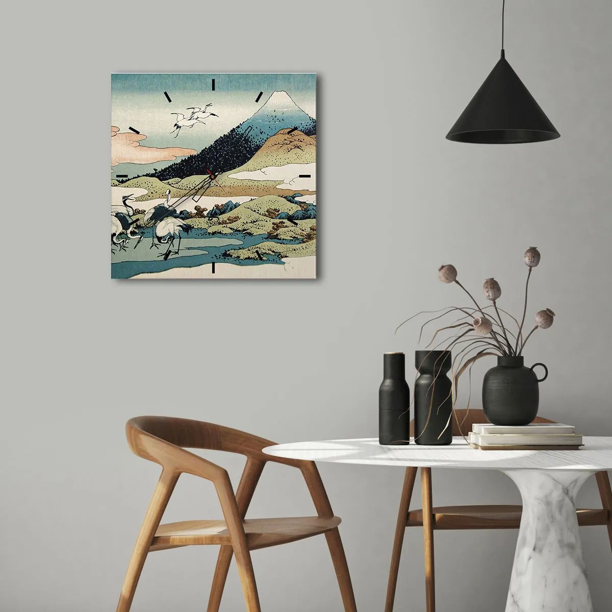 Reloj de pared - Reloj de vidrio - Gráficos tradicionales japoneses con montañas y grúas. - 30x30cm - Alma japonesa - Decoración de pared moderna para salón y dormitorio ARTTOR