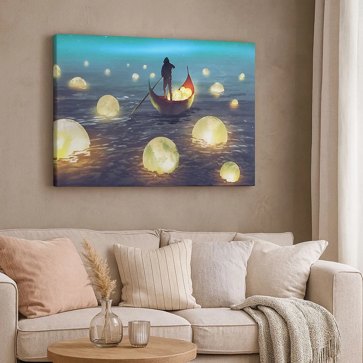 Cuadro sobre lienzo - Impresión de Imagen - Una figura en un barco rodeada de bolas luminosas en el agua. - 70x50cm - Cosas que los filósofos nunca soñaron - Decoración de pared moderna para salón y dormitorio ARTTOR
