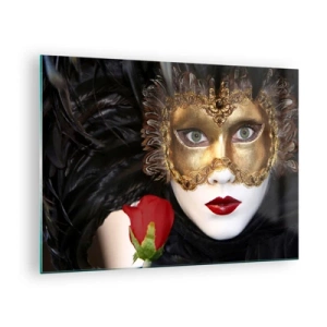 Cuadro sobre vidrio - Impresiones sobre Vidrio - Máscara de carnaval con una rosa roja - 70x50cm - Porque la vida es un gran baile - Decoración de pared moderna para salón y dormitorio ARTTOR