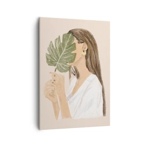 Cuadro sobre lienzo - Impresión de Imagen - Retrato de una mujer con una hoja de monstera sobre un fondo beige. - 50x70cm - Retrato misterioso con un abanico - Decoración de pared moderna para salón y dormitorio ARTTOR