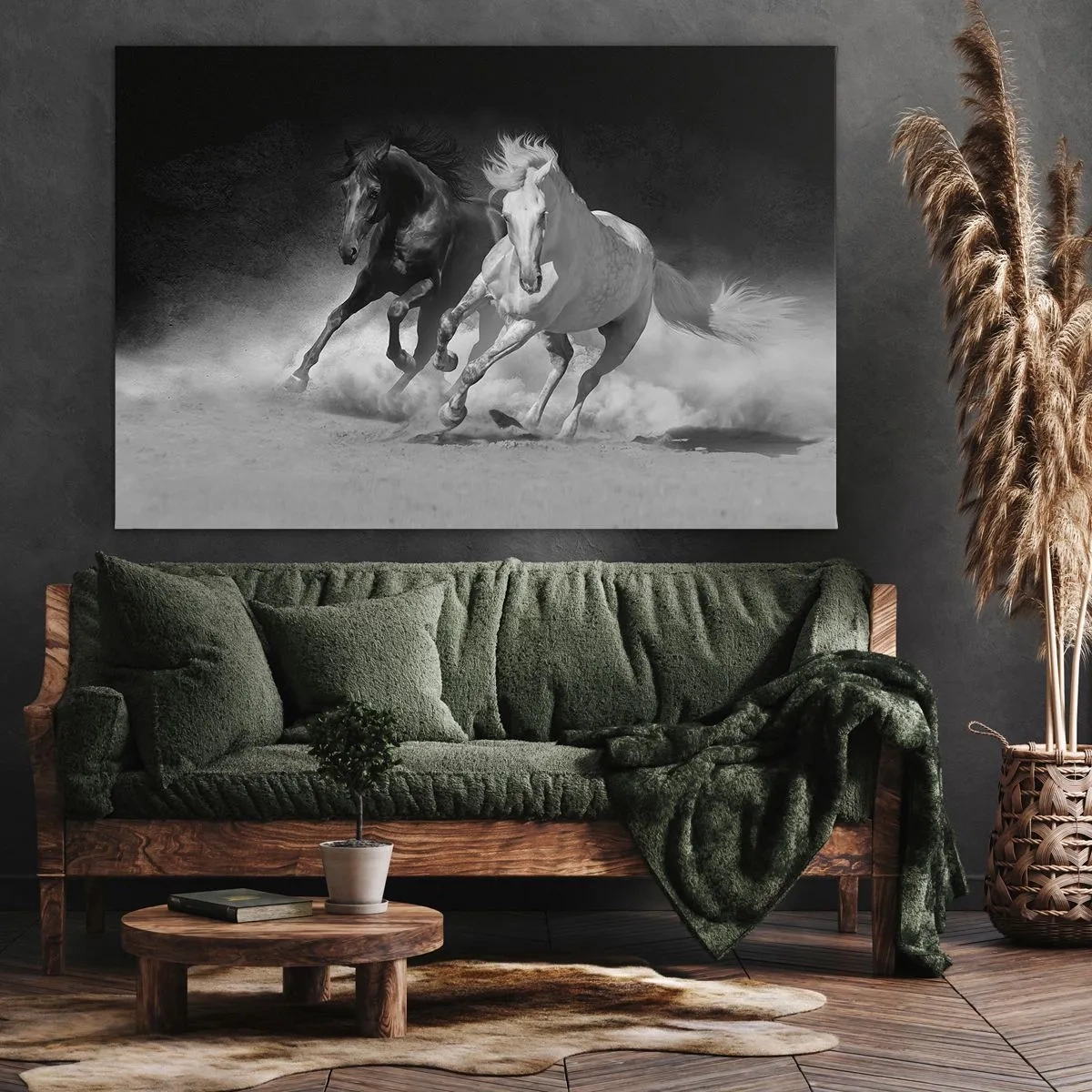 Cuadro sobre lienzo - Impresión de Imagen - Caballos corriendo en blanco y negro - 120x80cm - El galope de la libertad - Decoración de pared moderna para salón y dormitorio ARTTOR