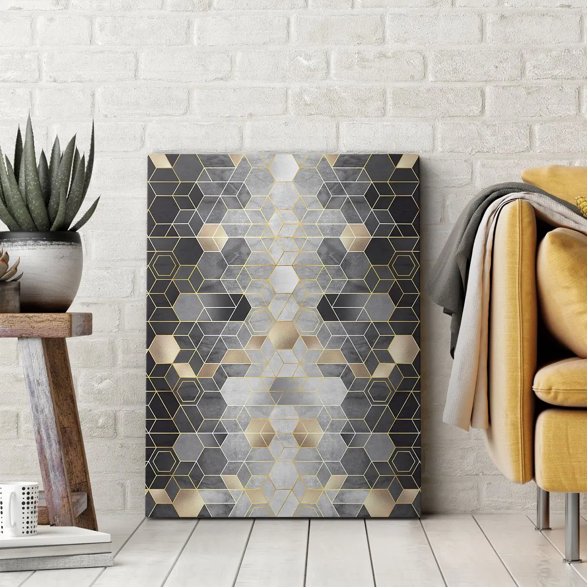 Cuadro sobre lienzo - Impresión de Imagen - Patrón geométrico en tonos dorados - 50x70cm - Composición de diamantes - Decoración de pared moderna para salón y dormitorio ARTTOR