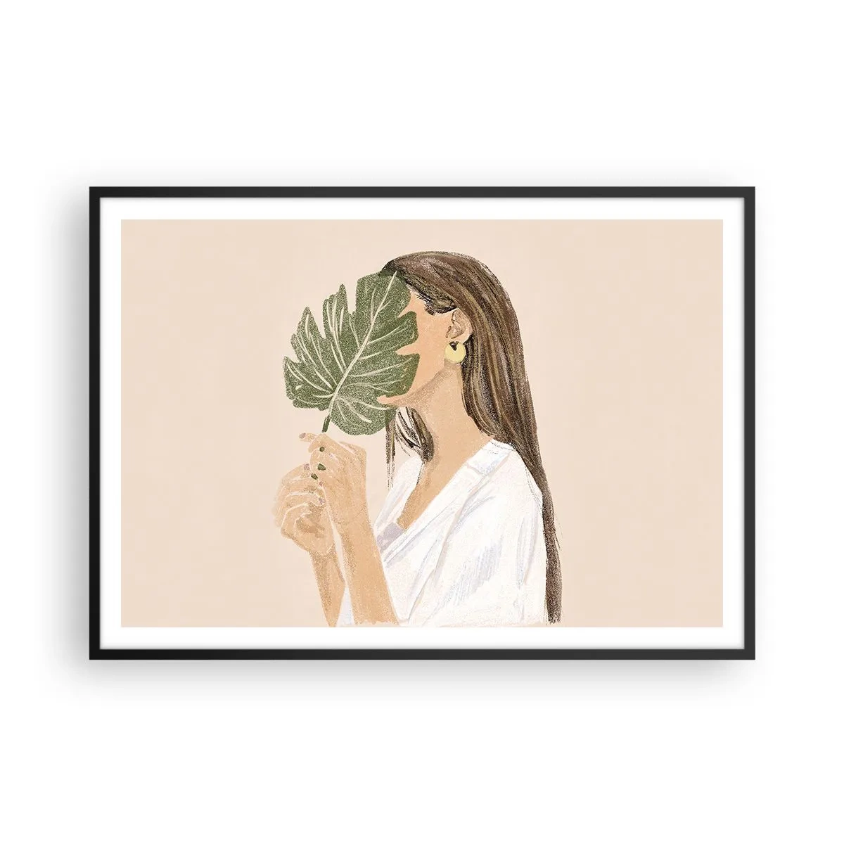 Póster en marco negro - Retrato de una mujer con una hoja de monstera sobre un fondo beige. - 100x70cm - Retrato misterioso con un abanico - Decoración de pared moderna para salón y dormitorio ARTTOR