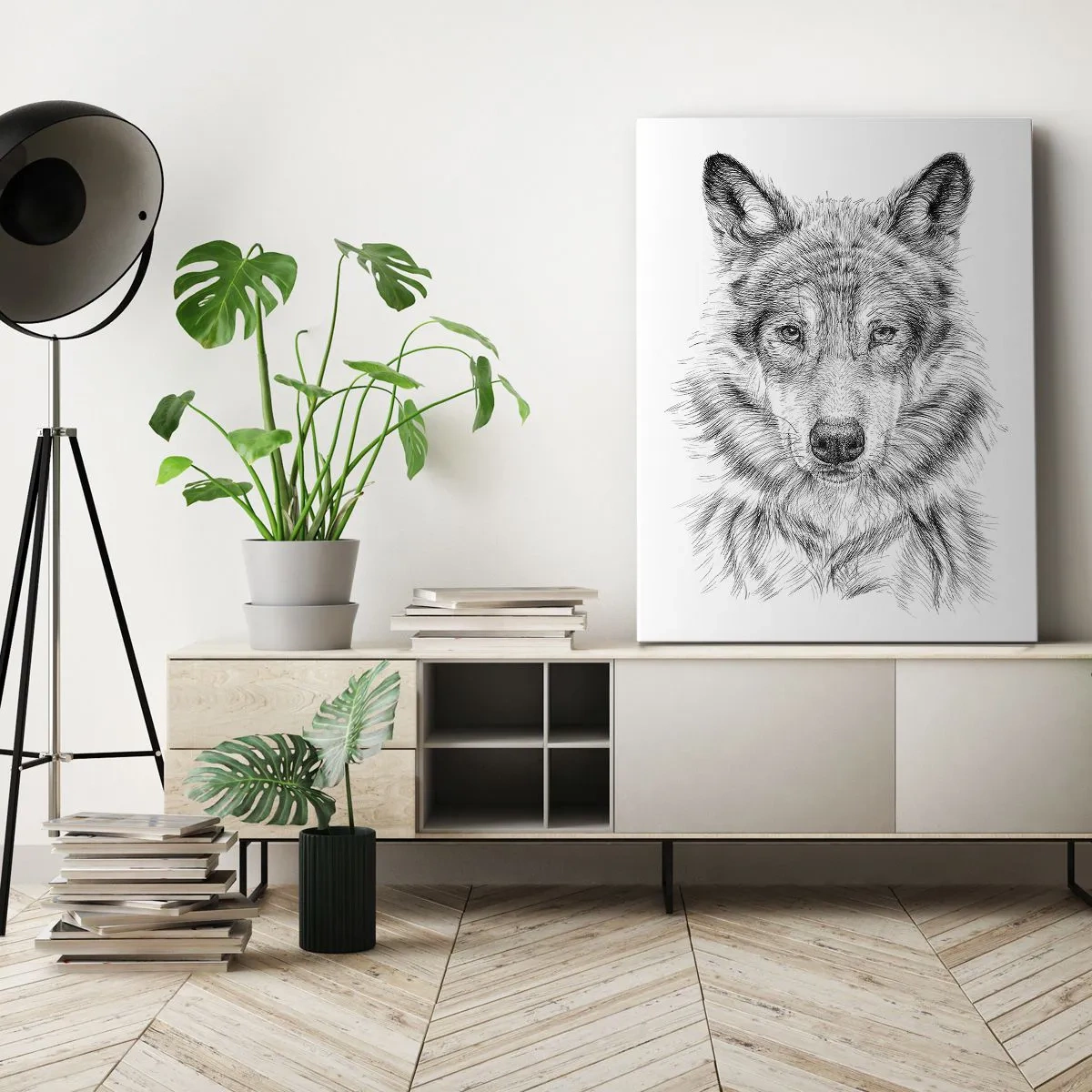 Cuadro sobre lienzo - Impresión de Imagen - Boceto de una cabeza de lobo en estilo monocromático sobre fondo blanco. - 80x120cm - Un líder nato - Decoración de pared moderna para salón y dormitorio ARTTOR
