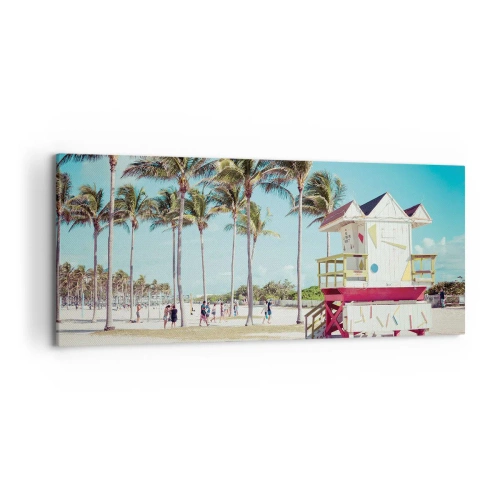 Cuadro sobre lienzo - Impresión de Imagen - Una playa con palmeras y una torre de salvavidas al fondo. - 120x50cm - Un hermoso día por delante - Decoración de pared moderna para salón y dormitorio ARTTOR