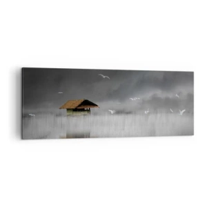Cuadro sobre lienzo - Impresión de Imagen - Una cabaña solitaria sobre el agua rodeada de niebla y pájaros. - 140x50cm - Resguardo de la lluvia - Decoración de pared moderna para salón y dormitorio ARTTOR