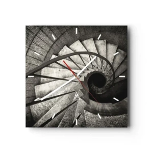 Reloj de pared - Reloj de vidrio - Escalera de caracol en blanco y negro de estilo moderno. - 30x30cm - Escaleras arriba, escaleras abajo - Decoración de pared moderna para salón y dormitorio ARTTOR