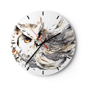 Reloj de pared - Reloj de vidrio - Un búho de mirada intensa rodeado de plumas artísticas. - 30x30cm - Venía de un mundo de magia - Decoración de pared moderna para salón, cocina y dormitorio ARTTOR