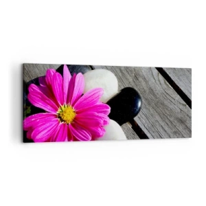 Cuadro sobre lienzo - Impresión de Imagen - Flor rosa sobre un fondo de tablas de madera con piedras. - 120x50cm - Descansando en el muelle - Decoración de pared moderna para salón y dormitorio ARTTOR