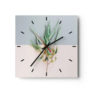 Reloj de pared - Reloj de vidrio - Una rama con hojas sobre un fondo de tonos pastel. - 30x30cm - La sutileza del pastel - Decoración de pared moderna para salón y dormitorio ARTTOR