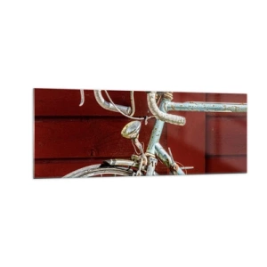 Cuadro sobre vidrio - Impresiones sobre Vidrio - Una bicicleta vintage contra una pared de madera roja. - 140x50cm - Creada para las victorias - Decoración de pared moderna para salón y dormitorio ARTTOR