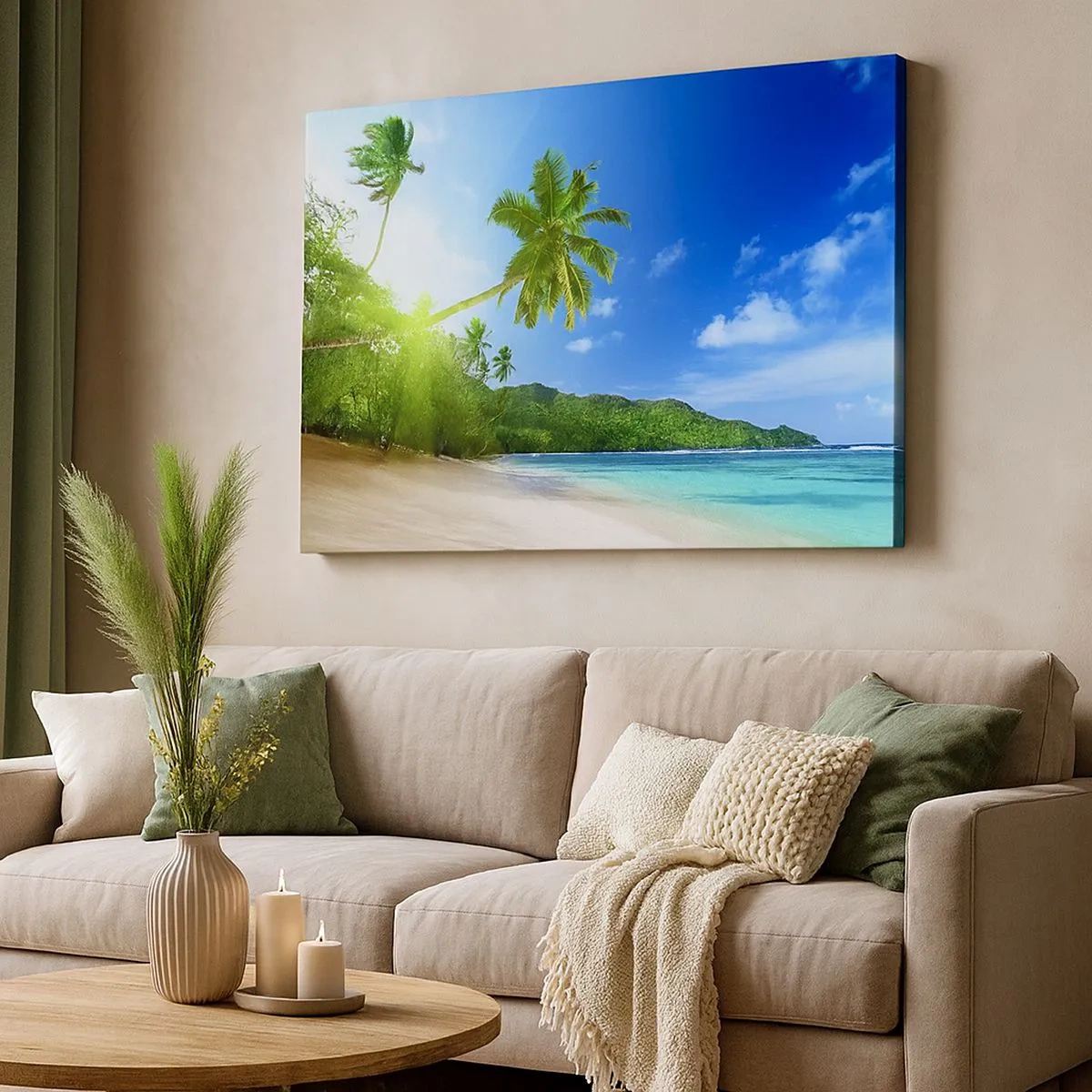 Cuadro sobre lienzo - Impresión de Imagen - Playa tropical con palmeras y mar turquesa. - 70x50cm - Un suave toque tropical - Decoración de pared moderna para salón y dormitorio ARTTOR