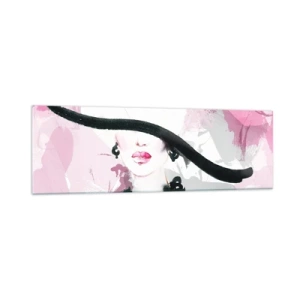 Cuadro sobre vidrio - Impresiones sobre Vidrio - Una mujer elegante con sombrero sobre un fondo de abstracciones rosas. - 160x50cm - Retrato de una dama en negro y rosa - Decoración de pared moderna para salón y dormitorio ARTTOR