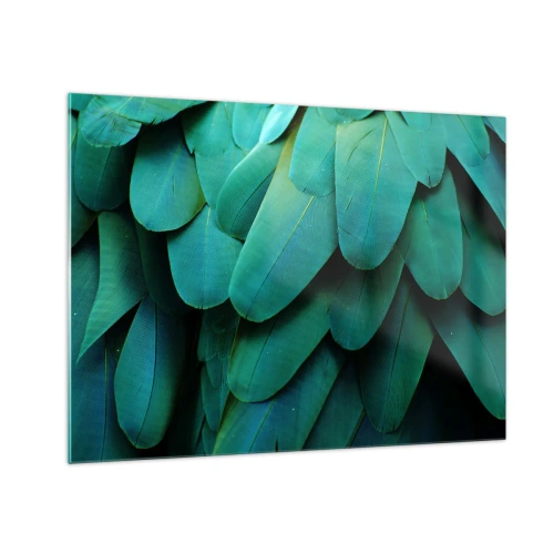 Cuadro sobre vidrio - Impresiones sobre Vidrio - Un primer plano de las plumas intensamente verdes de un loro. - 70x50cm - La precisión de la naturaleza - Decoración de pared moderna para salón y dormitorio ARTTOR