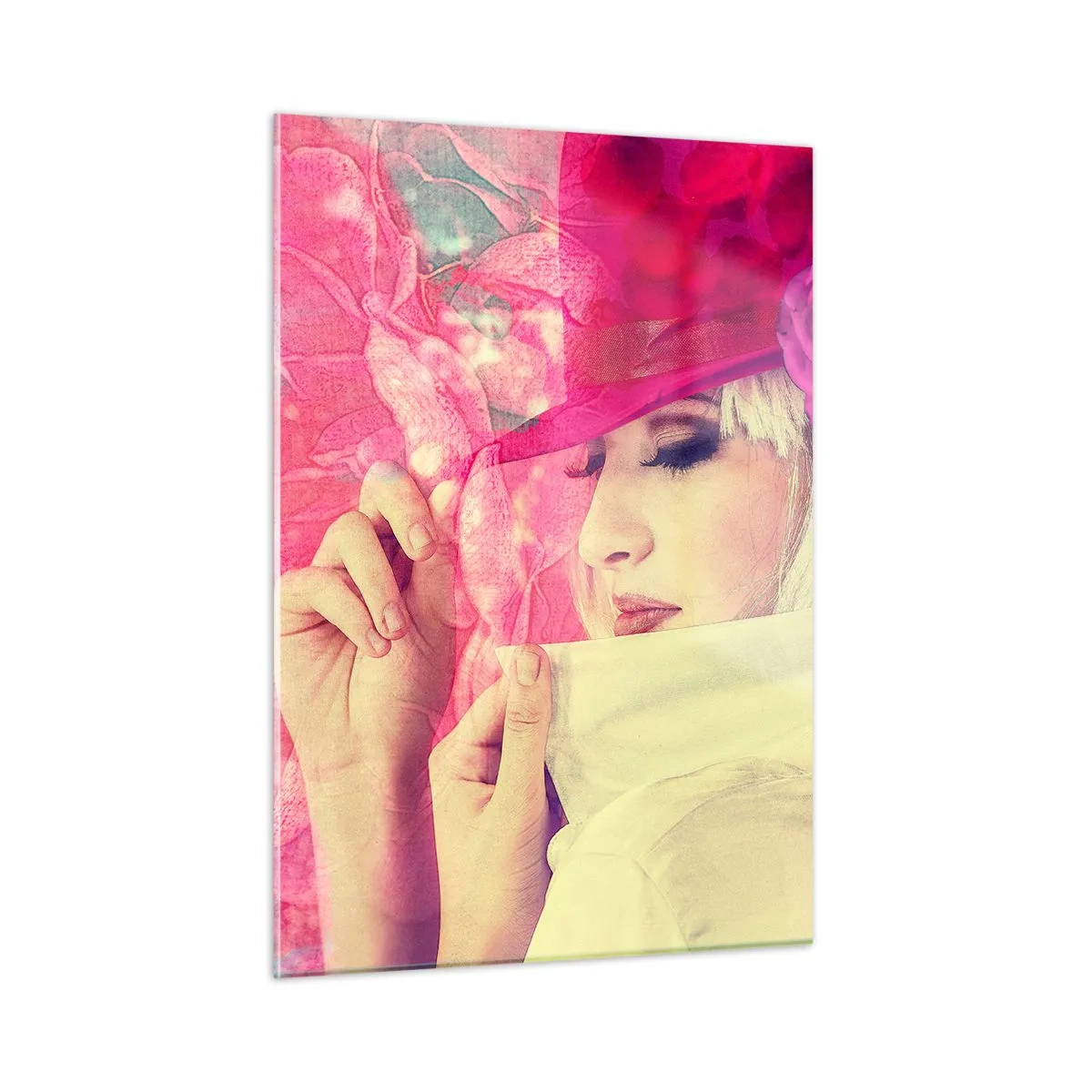 Cuadro sobre vidrio - Impresiones sobre Vidrio - Ilustración de una mujer con un sombrero rosa y una flor al fondo. - 50x70cm - Retrato retro en rosa - Decoración de pared moderna para salón y dormitorio ARTTOR