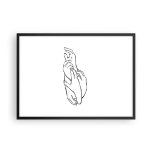Póster en marco negro - Un boceto minimalista de manos unidas en un gesto de delicadeza. - 70x50cm - El tacto - Decoración de pared moderna para salón y dormitorio ARTTOR