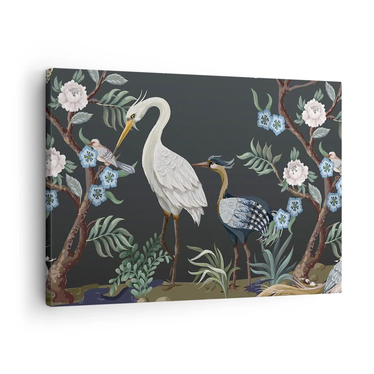 Cuadro sobre lienzo - Impresión de Imagen - Pájaros y plantas pintados sobre un fondo oscuro con un patrón elegante. - 70x50cm - Desfile de aves - Decoración de pared moderna para salón y dormitorio ARTTOR