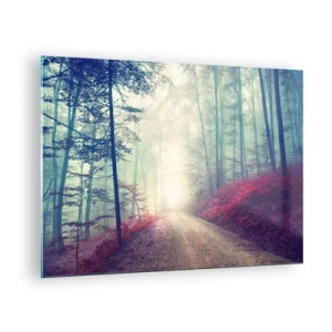 Cuadro sobre vidrio - Impresiones sobre Vidrio - Camino forestal en la niebla con acentos rojos - 70x50cm - Qué bueno es levantarse al amanecer - Decoración de pared moderna para salón y dormitorio ARTTOR