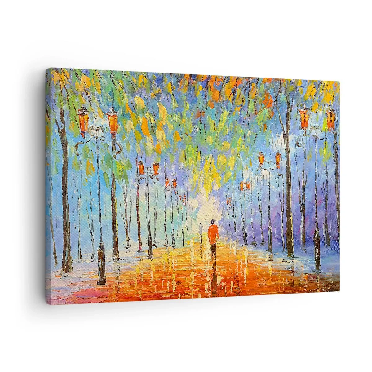Cuadro sobre lienzo - Impresión de Imagen - Un pintoresco paseo entre los faroles en una noche lluviosa. - 70x50cm - La canción nocturna de la lluvia - Decoración de pared moderna para salón y dormitorio ARTTOR