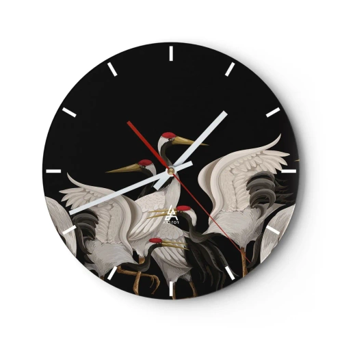 Reloj de pared - Reloj de vidrio - Un grupo de grullas sobre un fondo negro en una ilustración estilizada. - 30x30cm - Asuntos de aves - Decoración de pared moderna para salón, cocina y dormitorio ARTTOR