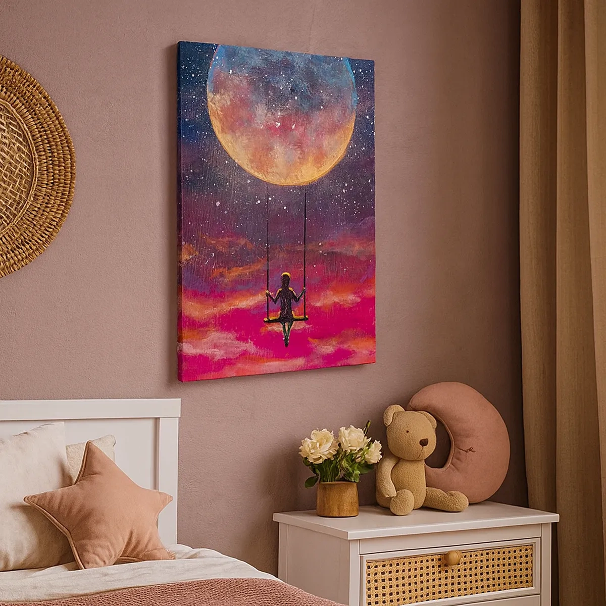 Cuadro sobre lienzo - Impresión de Imagen - Una figura en un columpio suspendido contra la luna. - 50x70cm - Disfrutar de las nubes - Decoración de pared moderna para salón y dormitorio ARTTOR