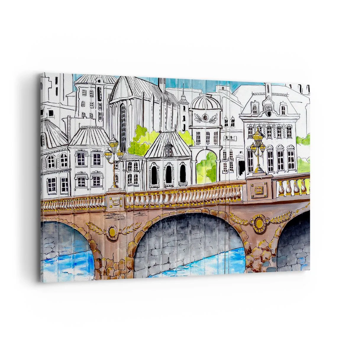 Cuadro sobre lienzo - Impresión de Imagen - Dibujo del puente y arquitectura urbana histórica - 100x70cm - Una ciudad de dibujo - Decoración de pared moderna para salón y dormitorio ARTTOR