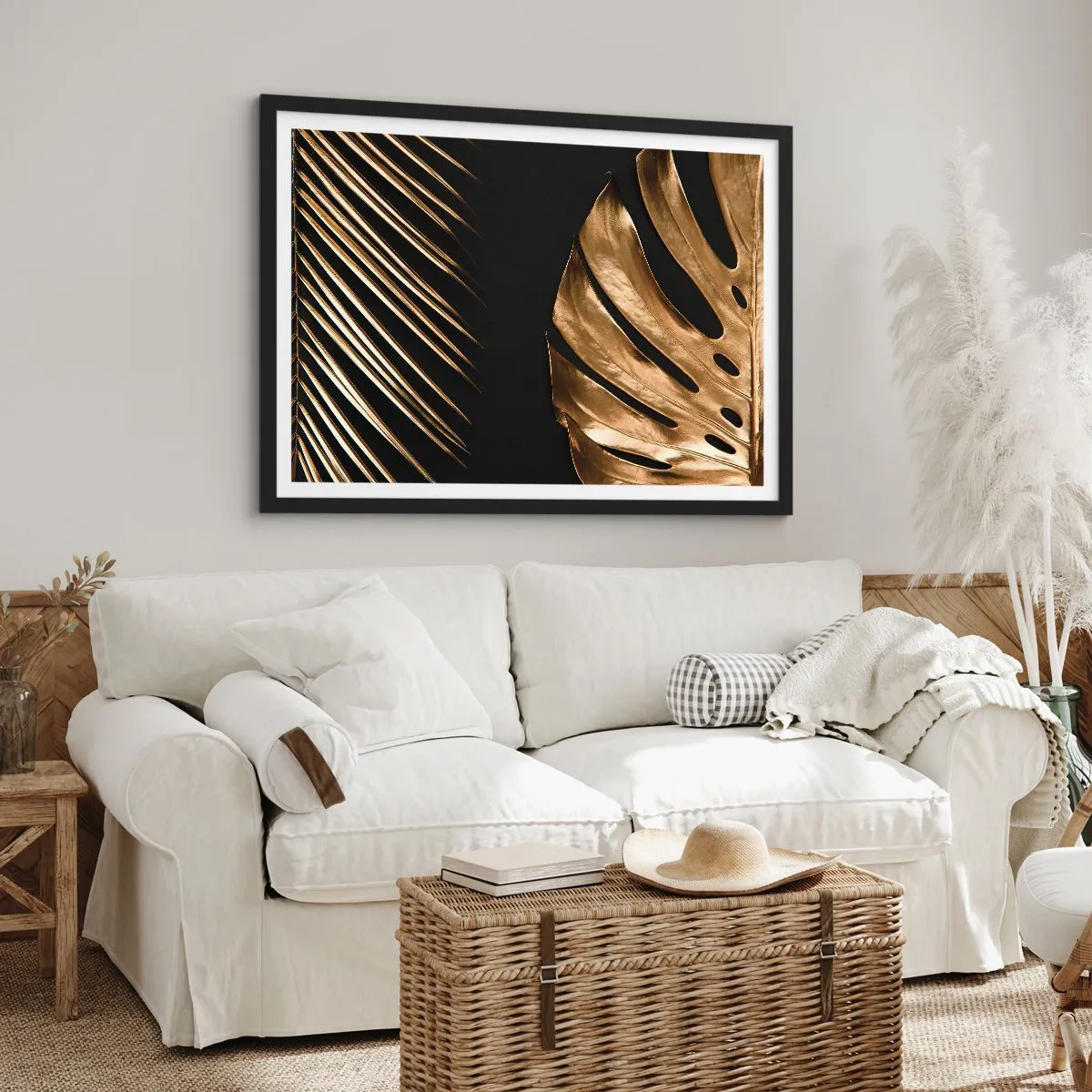Póster en marco negro - Hojas doradas sobre fondo negro - 70x50cm - Diferente, e igualmente valioso - Decoración de pared moderna para salón y dormitorio ARTTOR