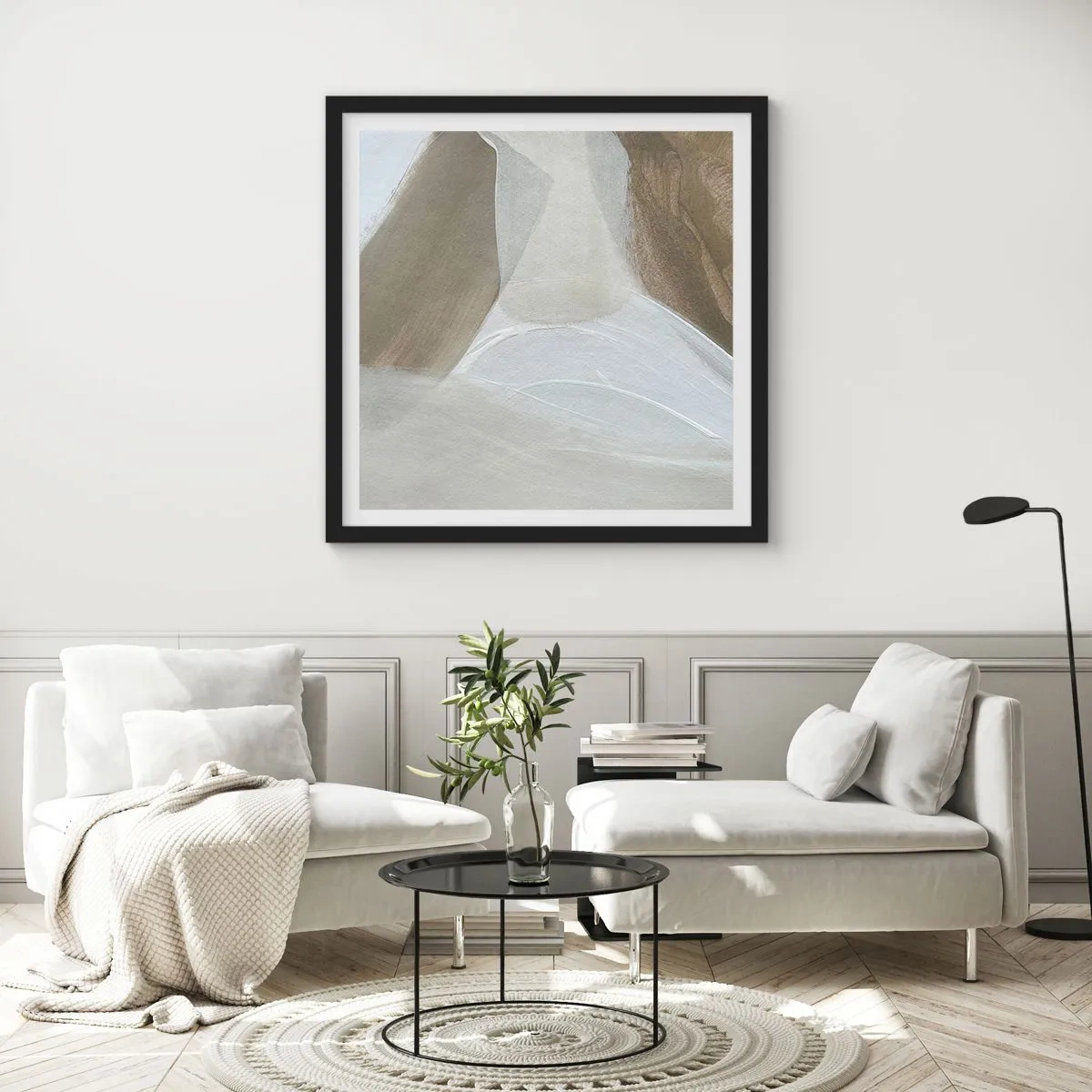 Póster en marco negro - Ola de blanco - 30x30 cm