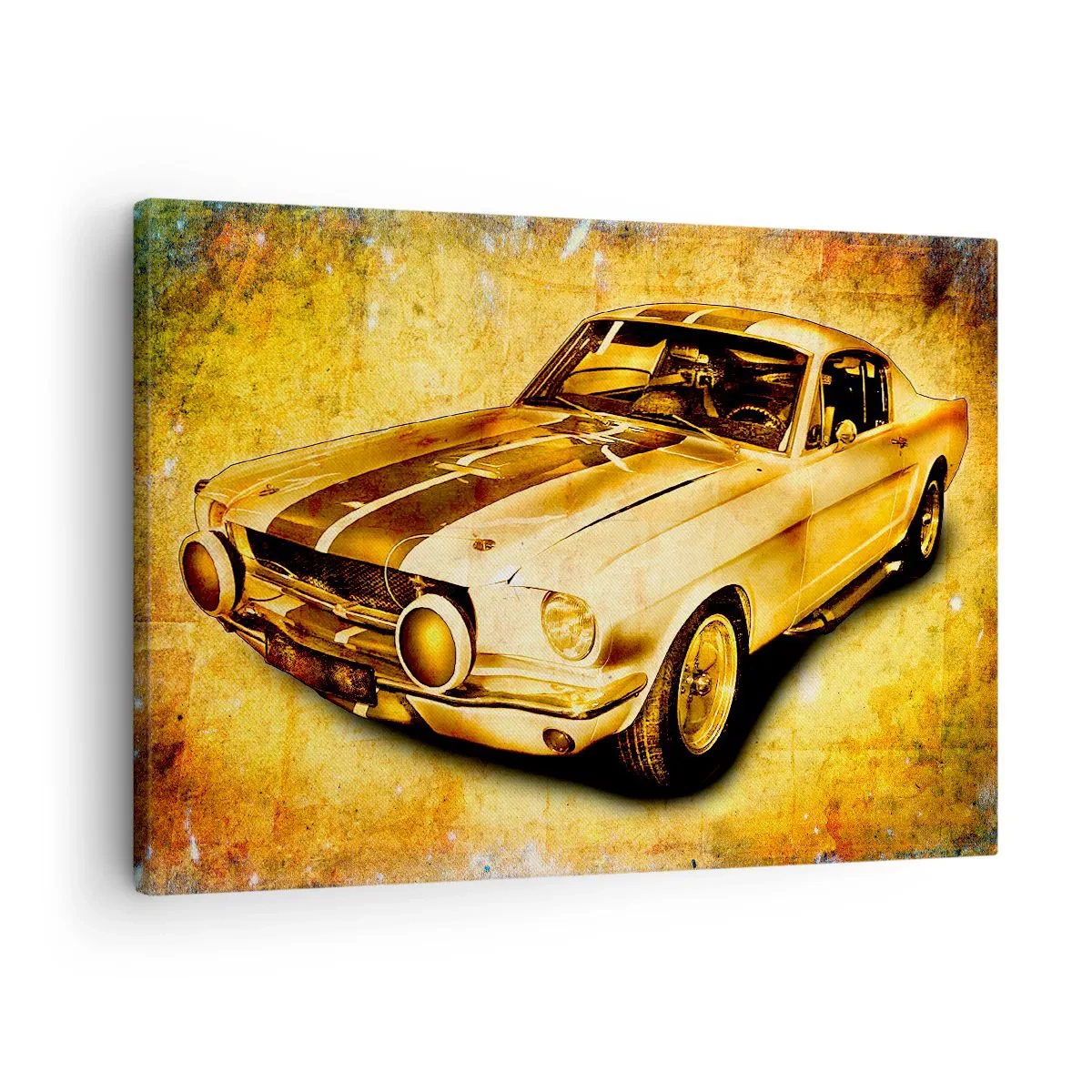 Cuadro sobre lienzo - Impresión de Imagen - Coche deportivo retro clásico sobre un fondo vintage en tonos dorados. - 70x50cm - Los locos años 70. - Decoración de pared moderna para salón y dormitorio ARTTOR